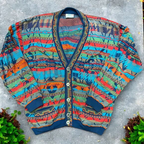 Coogi Australia 3D Knit Mercerized Cotton Multicolor Cardigan Sweater Men's L - Picture 1 of 9